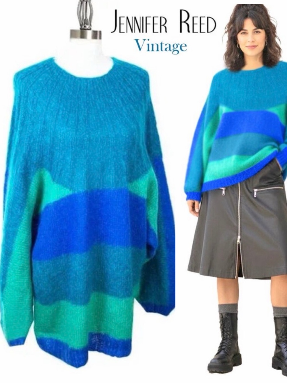 Jennifer Reed Vintage Mohair Oversize Color Block Blue & Green Hand Knit Sweater